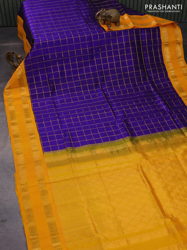 Silk cotton saree blue and lime yelllow with allover zari checked pattern and rettapet zari woven korvai border