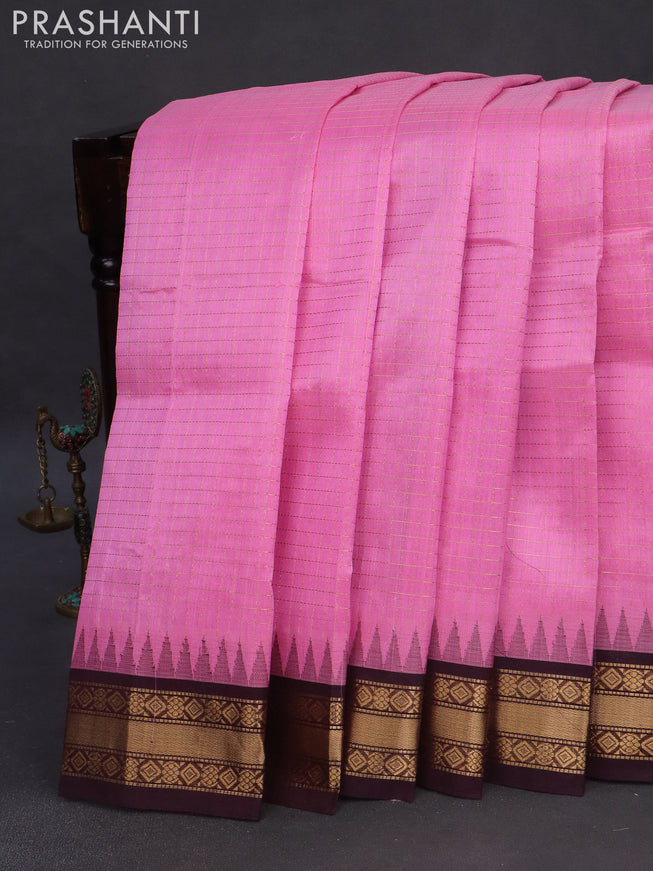 Silk cotton saree canday pink and coffee brown with allover zari checked pattern and temple zari woven korvai border