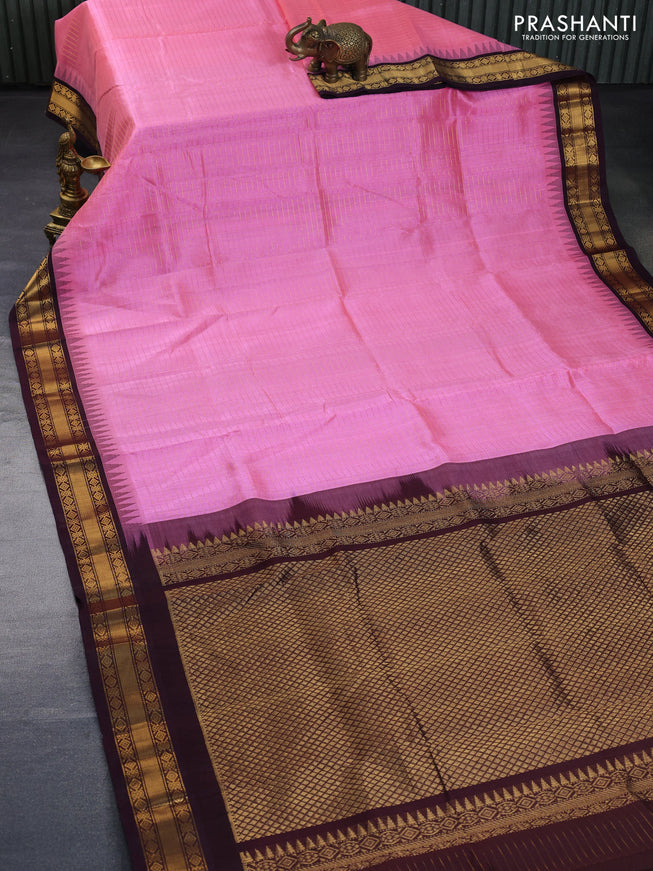 Silk cotton saree canday pink and coffee brown with allover zari checked pattern and temple zari woven korvai border