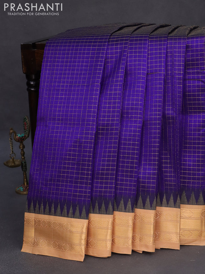 Silk cotton saree blue and sandal with allover zari checked pattern and temple zari woven korvai border