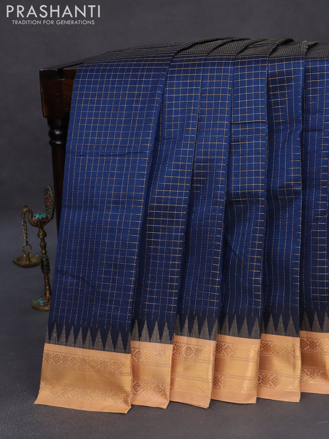 Silk cotton saree dark peacock blue and sandal with allover zari checked pattern and temple zari woven korvai border