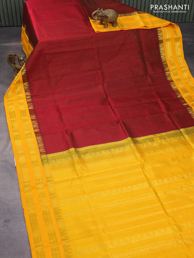 Silk cotton saree maroon and mango yellow with allover vairosi pattern and rettapet zari woven korvai border