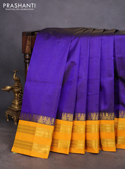 Silk cotton saree blue and mango yellow with allover vairosi pattern and rettapet zari woven korvai border