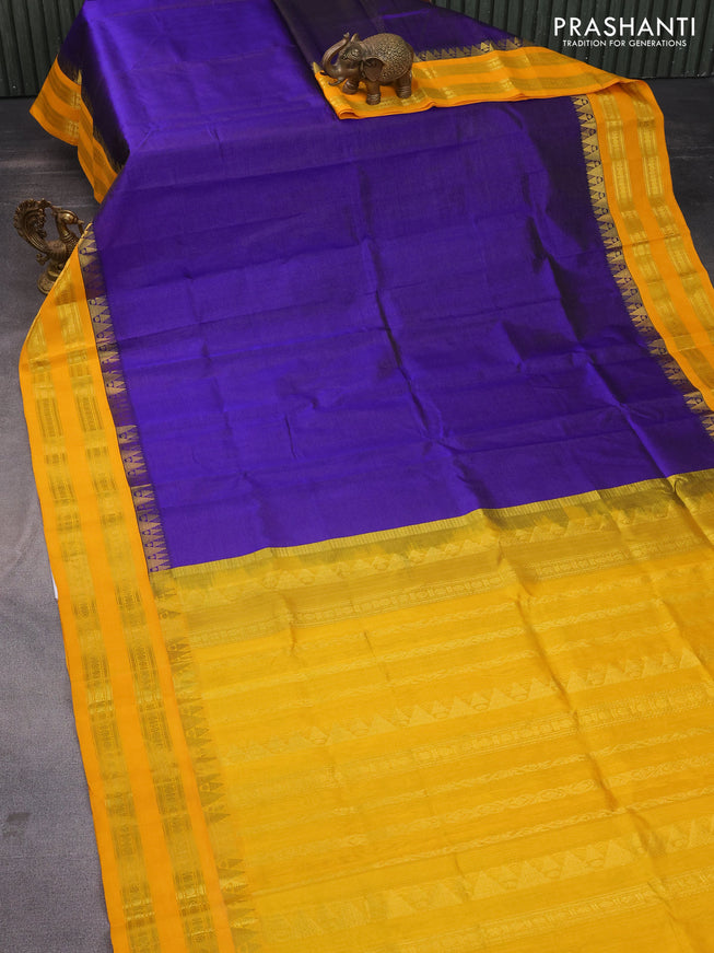 Silk cotton saree blue and mango yellow with allover vairosi pattern and rettapet zari woven korvai border