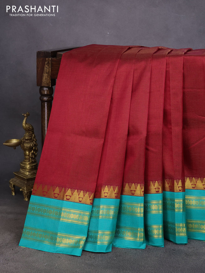 Silk cotton saree maroon and teal blue with allover vairosi pattern and rettapet zari woven korvai border