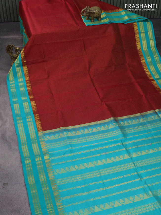 Silk cotton saree maroon and teal blue with allover vairosi pattern and rettapet zari woven korvai border