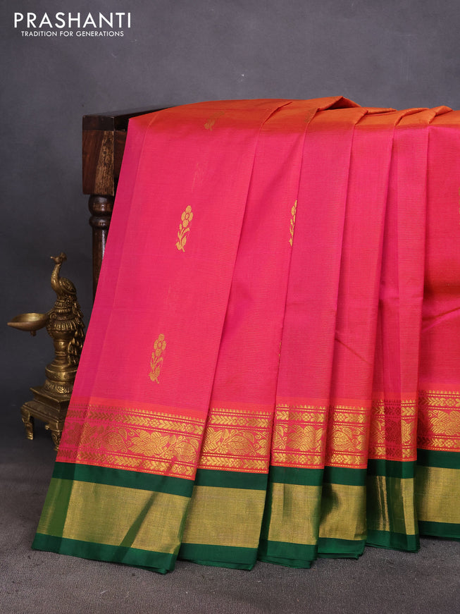 Silk cotton saree dual shade of pink and green with allover vairosi pattern & buttas and zari woven korvai border