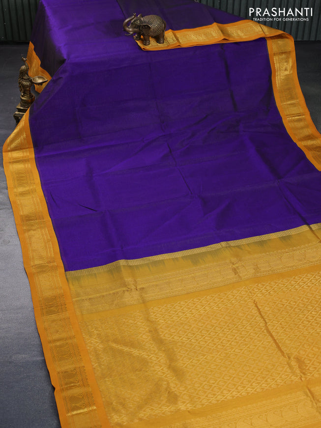 Silk cotton saree blue and mustard yellow with allover vairosi pattern and zari woven korvai border