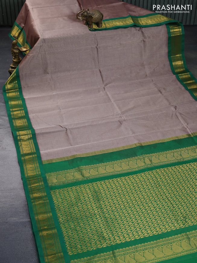 Silk cotton saree grey and green with allover vairosi pattern and zari woven korvai border