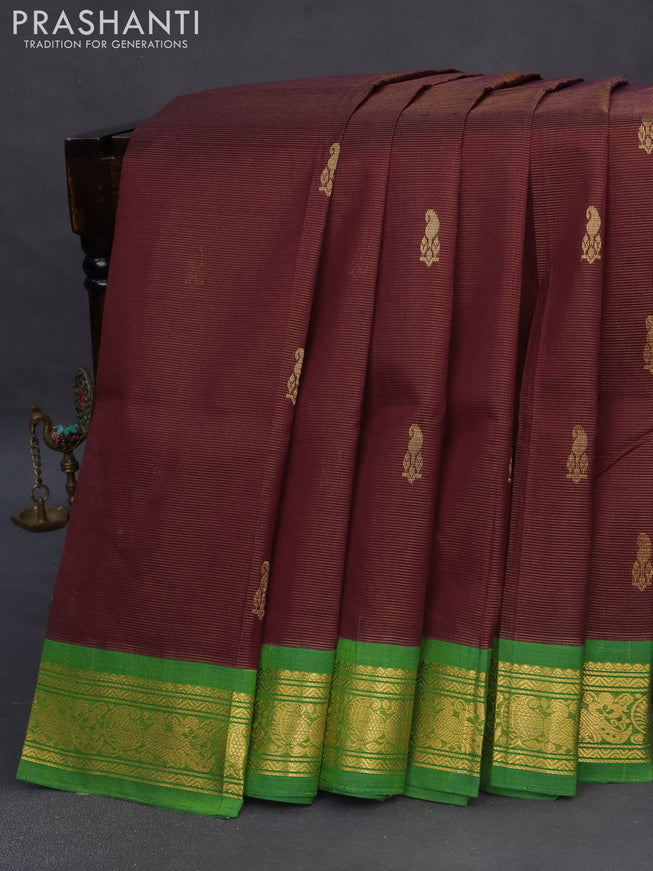 Silk cotton saree coffee brown and green with allover vairosi pattern & buttas and rich zari woven korvai border