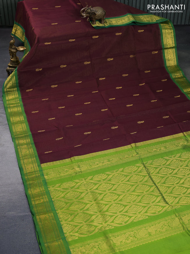 Silk cotton saree coffee brown and green with allover vairosi pattern & buttas and rich zari woven korvai border