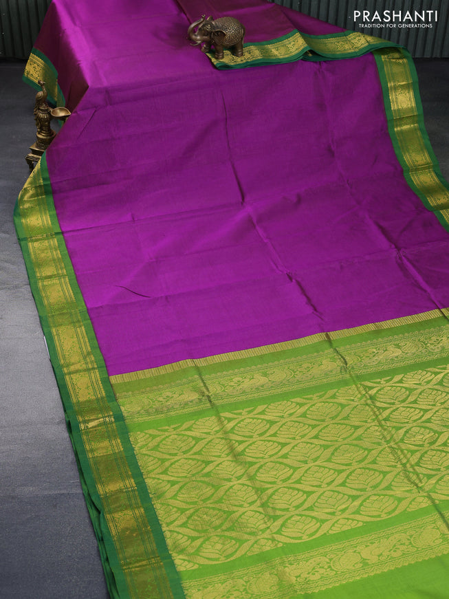 Silk cotton saree purple and green with allover vairosi pattern and rich zari woven korvai border