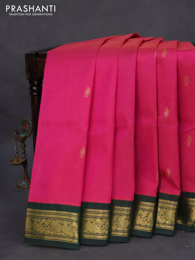 Silk cotton saree pink and dark green with allover vairosi pattern & buttas and rich zari woven korvai border