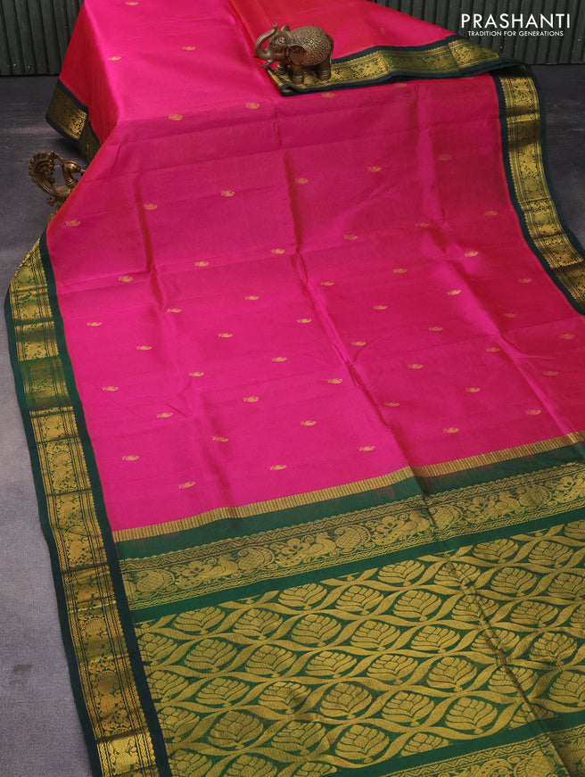 Silk cotton saree pink and dark green with allover vairosi pattern & buttas and rich zari woven korvai border