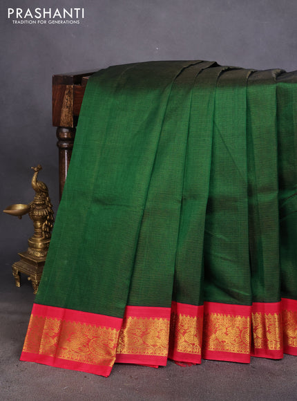 Silk cotton saree dark green and red with allover vairosi pattern and rich zari woven korvai border