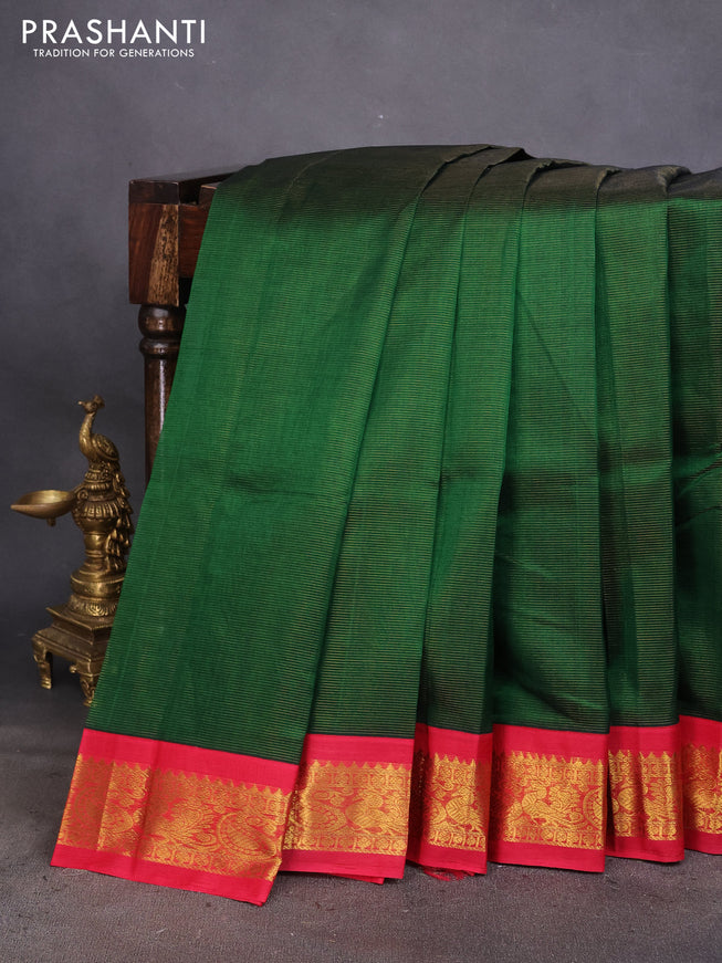 Silk cotton saree dark green and red with allover vairosi pattern and rich zari woven korvai border