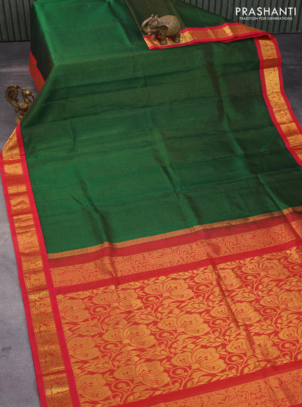 Silk cotton saree dark green and red with allover vairosi pattern and rich zari woven korvai border