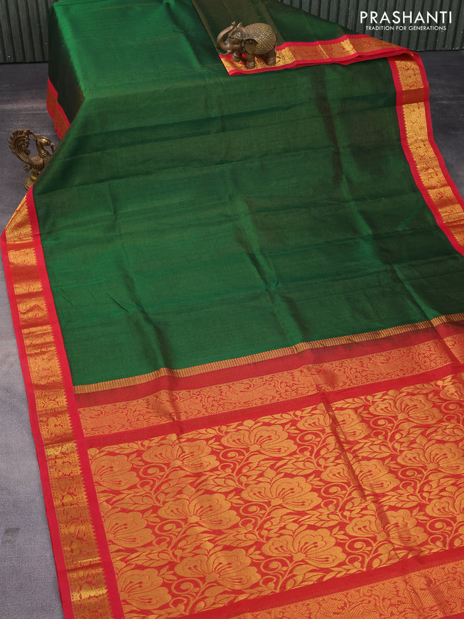 Silk cotton saree dark green and red with allover vairosi pattern and rich zari woven korvai border