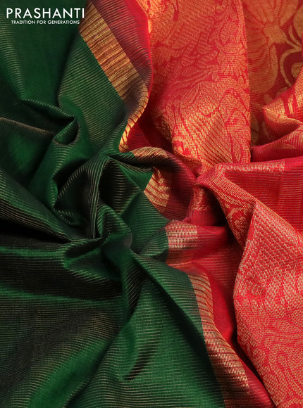 Silk cotton saree dark green and red with allover vairosi pattern and rich zari woven korvai border