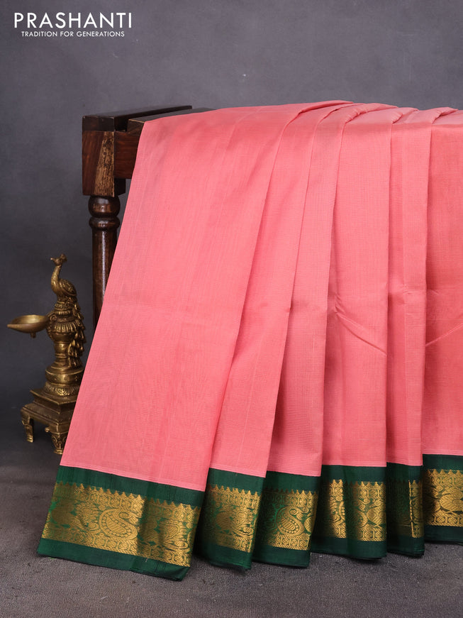 Silk cotton saree peach pink and green with allover vairosi pattern and rich zari woven korvai border