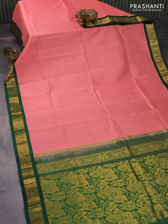 Silk cotton saree peach pink and green with allover vairosi pattern and rich zari woven korvai border