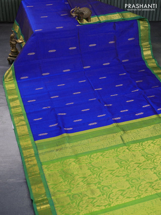 Silk cotton saree blue and green with allover vairosi pattern & buttas and rich zari woven korvai border