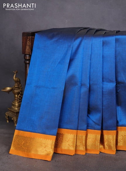 Silk cotton saree cs blue and mustard yellow with allover vairosi pattern and rich zari woven korvai border