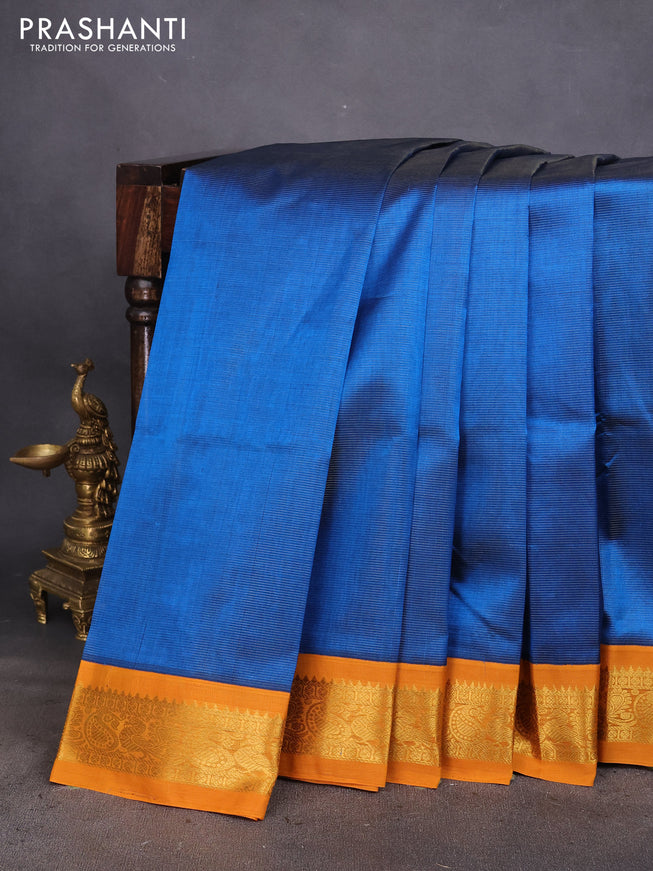 Silk cotton saree cs blue and mustard yellow with allover vairosi pattern and rich zari woven korvai border