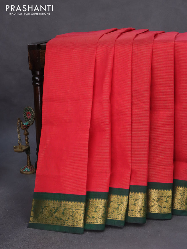 Silk cotton saree red and green with allover vairosi pattern and rich zari woven korvai border