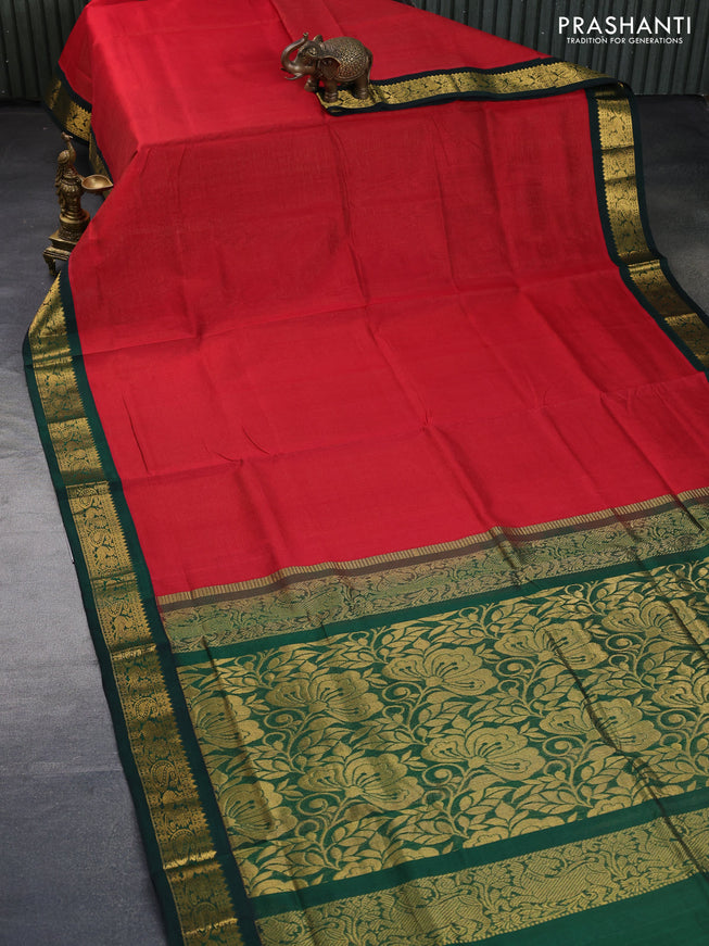 Silk cotton saree red and green with allover vairosi pattern and rich zari woven korvai border