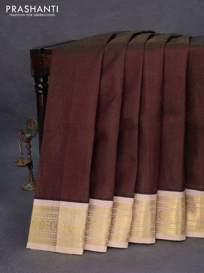 Silk cotton saree coffee brown and beige with allover vairosi pattern and rich zari woven korvai border