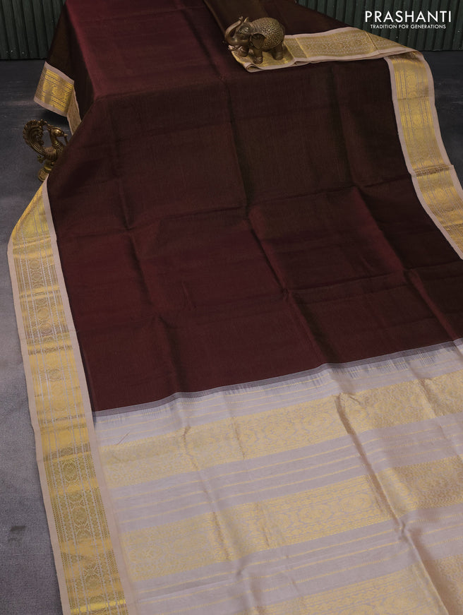 Silk cotton saree coffee brown and beige with allover vairosi pattern and rich zari woven korvai border