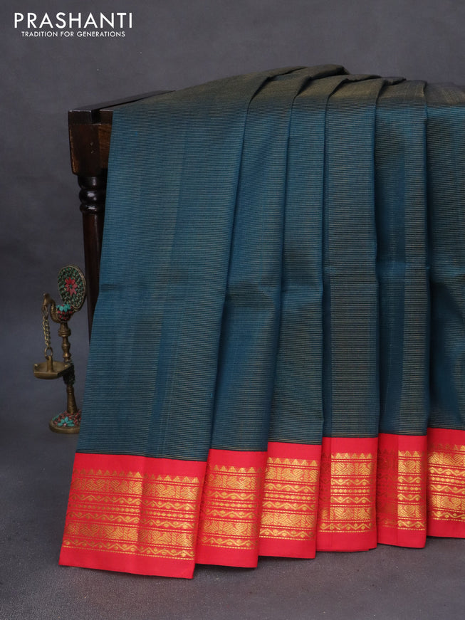 Silk cotton saree dark peacock blue and red with allover vairosi pattern and zari woven korvai border