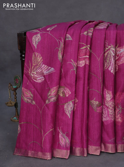 Banarasi tussar silk saree magenta pink with allover floral digital prints and zari woven border