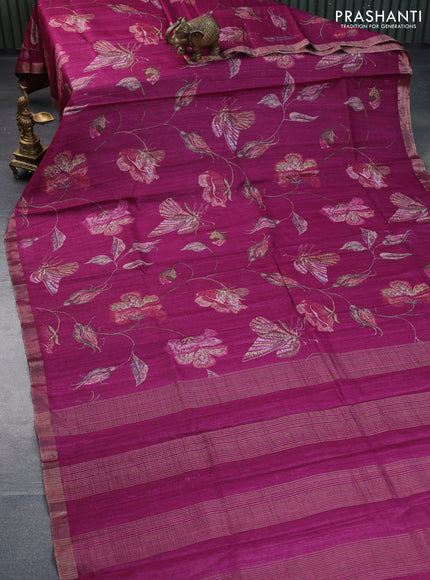 Banarasi tussar silk saree magenta pink with allover floral digital prints and zari woven border