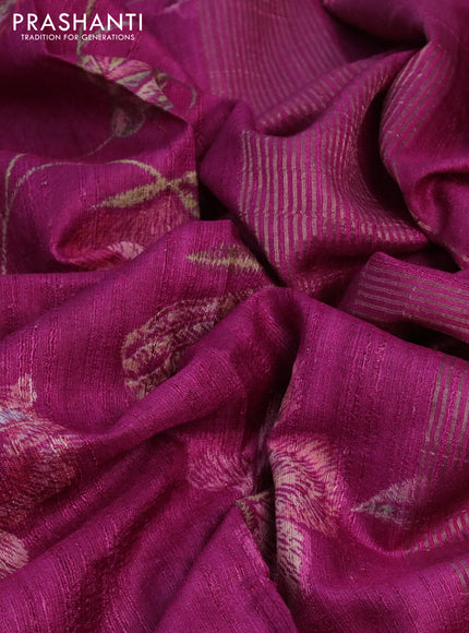 Banarasi tussar silk saree magenta pink with allover floral digital prints and zari woven border