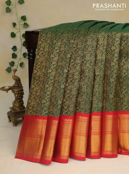 Pure kanchipuram silk saree green and red with allover zari woven brocade weaves and zari woven korvai border