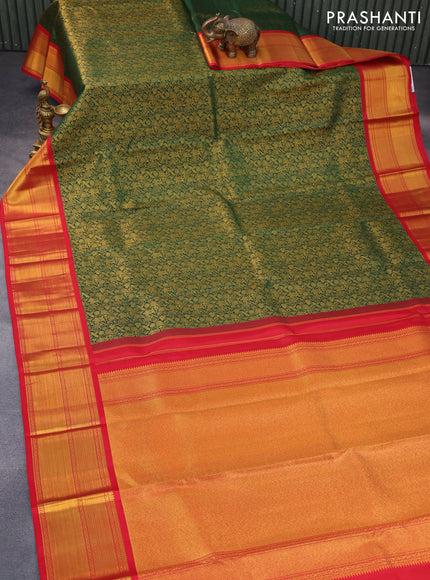 Pure kanchipuram silk saree green and red with allover zari woven brocade weaves and zari woven korvai border