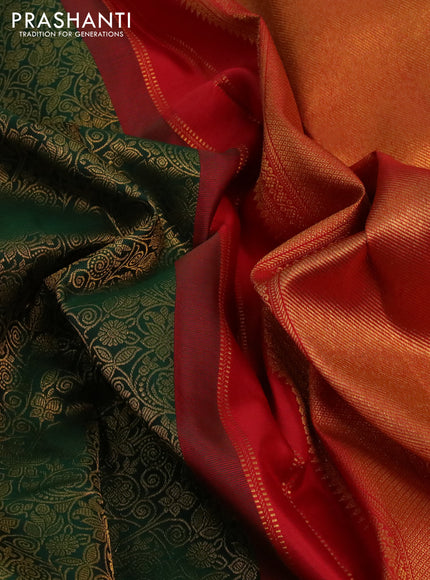 Pure kanchipuram silk saree green and red with allover zari woven brocade weaves and zari woven korvai border