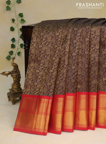 Pure kanchipuram silk saree deep jamun shade and red with allover zari woven brocade weaves and zari woven border