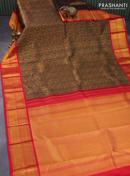 Pure kanchipuram silk saree deep jamun shade and red with allover zari woven brocade weaves and zari woven border