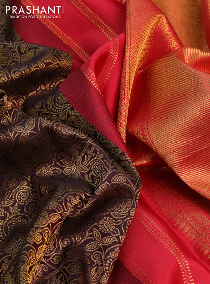 Pure kanchipuram silk saree deep jamun shade and red with allover zari woven brocade weaves and zari woven border