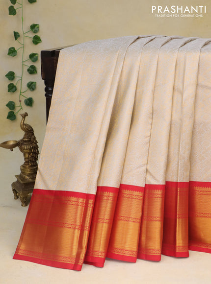 Pure kanchipuram silk saree beige and red with allover zari woven brocade weaves and zari woven border