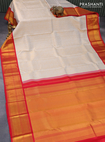 Pure kanchipuram silk saree beige and red with allover zari woven brocade weaves and zari woven border