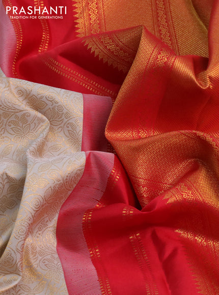 Pure kanchipuram silk saree beige and red with allover zari woven brocade weaves and zari woven border