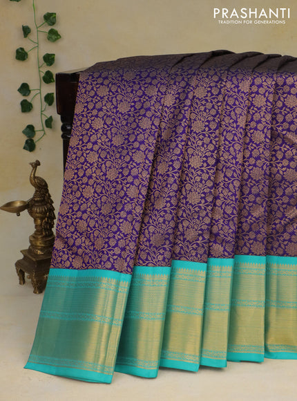 Pure kanchipuram silk saree blue and teal blue with allover zari woven brocade weaves and zari woven border