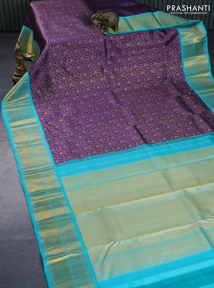 Pure kanchipuram silk saree blue and teal blue with allover zari woven brocade weaves and zari woven border