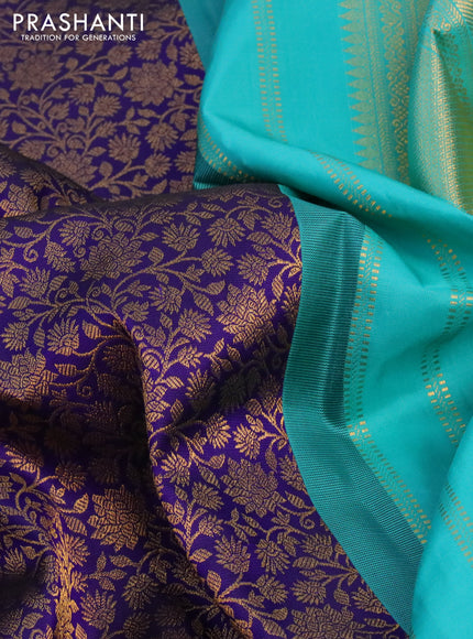 Pure kanchipuram silk saree blue and teal blue with allover zari woven brocade weaves and zari woven border