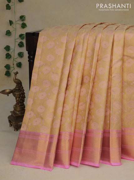 Pure kanchipuram tissue silk saree sandal and candy pink with allover zari woven floral weaves and zari woven border