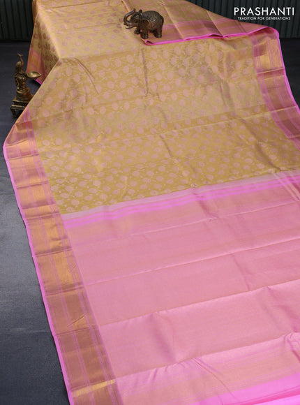 Pure kanchipuram tissue silk saree sandal and candy pink with allover zari woven floral weaves and zari woven border